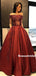 A-line Off-shoulder Appliques Top Dark Red Prom Dresses With Pockets, PD0824
