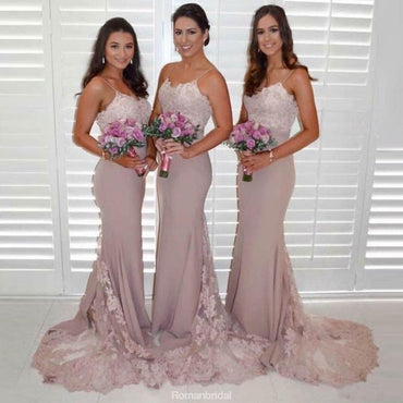 Popular Mermaid Lace Spaghetti Straps Sleeveless Bridesmaid Dresses With Train, BD0534