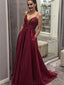 Spaghetti Straps V-neck Dark Red Lace Top Prom Dress, PD0726
