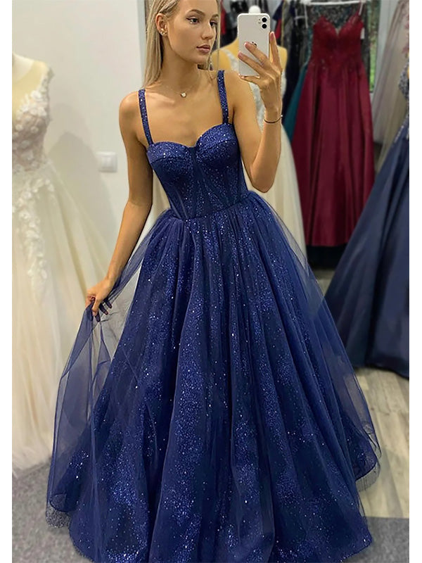Sparkly Royal Blue Tulle A-line Prom Dress, OL637