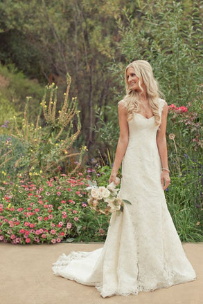 Full Lace Country styles V-neck Sleeveless Long Wedding Dress with train, WD0380