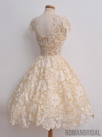 New Hot Sale V-neck Lace Cap Sleeves short Prom Dress, Elegant homecoming dresses, HD0323