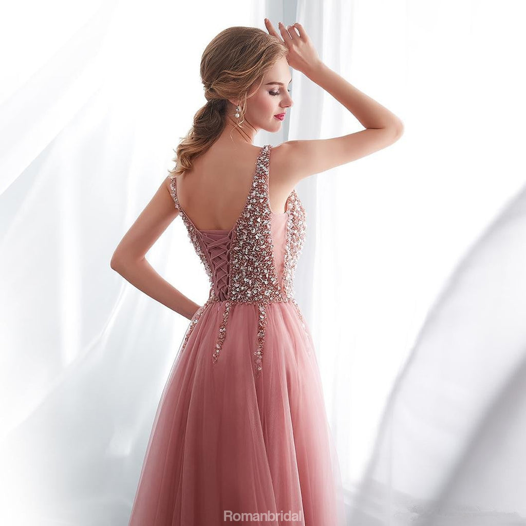 241P2195 A-Line Sleeveless Beaded Tulle Blush Long Prom Dress