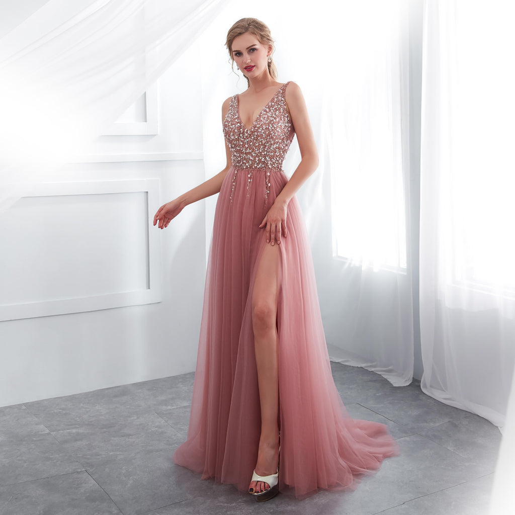 A-line V-neck Lace-up Back Long Tulle Prom Dresses With Split, PD0691