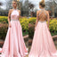 A-line Halter Backless Beading Pink Long Prom Dresses, PD0147