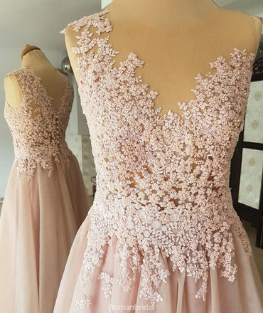 A-line Round Neck Sleeveless Lace Appliques Beading Long Tulle Prom Dresses, PD0562
