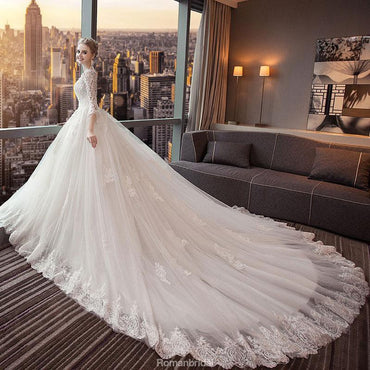 Unique 3/4 Sleeves Open-Back Lace Appliques Wedding Dresses With Train, WD0422