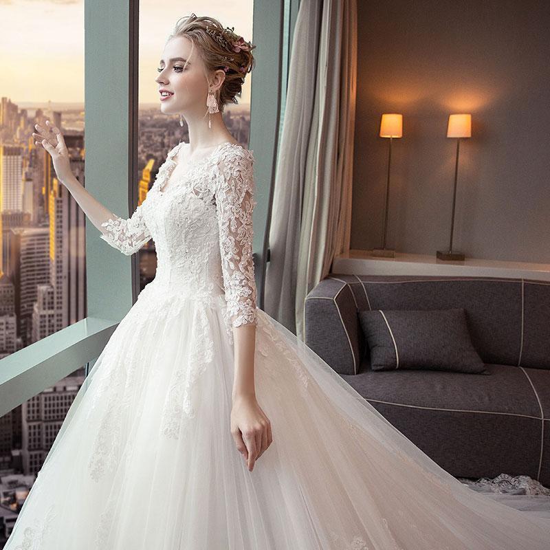 Unique 3/4 Sleeves Open-Back Lace Appliques Wedding Dresses With Train, WD0422