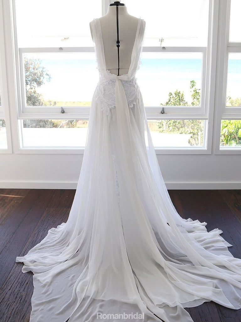 A-line Spaghetti Strap White Lace Chiffon Backless Wedding Bridal Dresses, WD0417
