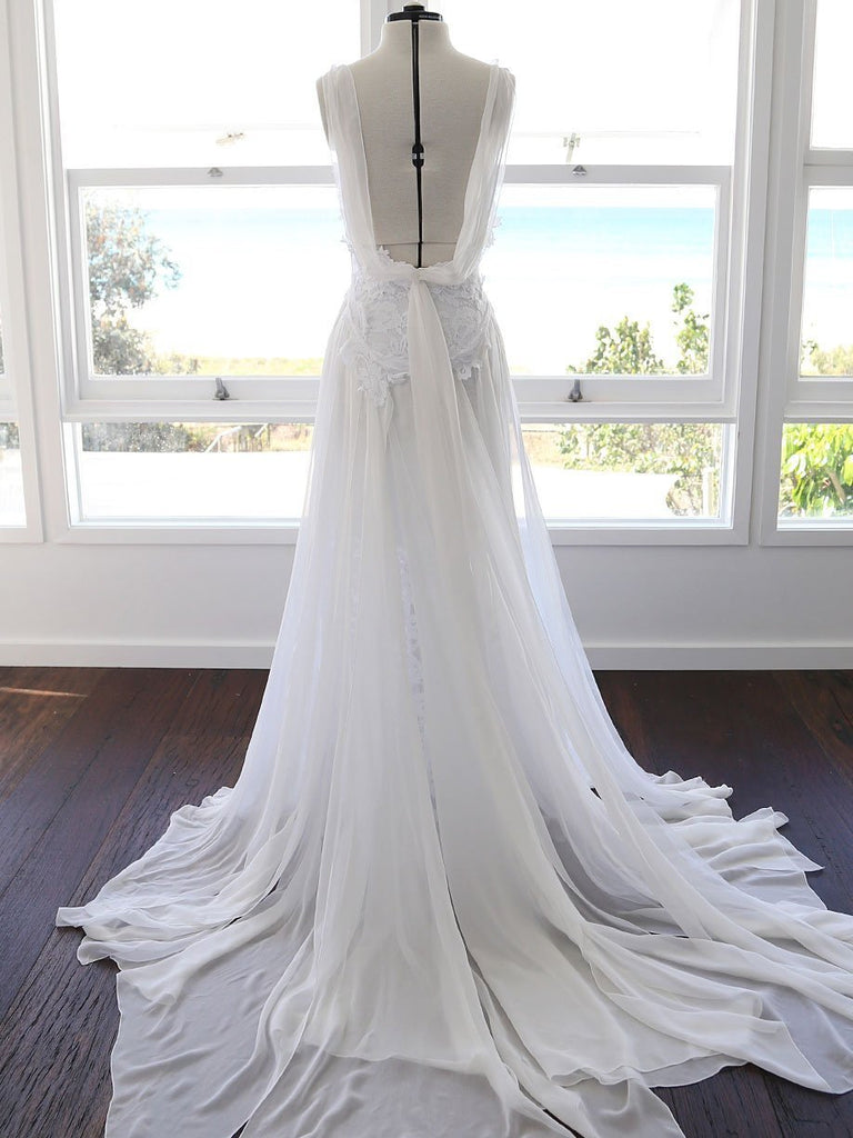 A-line Spaghetti Strap White Lace Chiffon Backless Wedding Bridal Dresses, WD0417