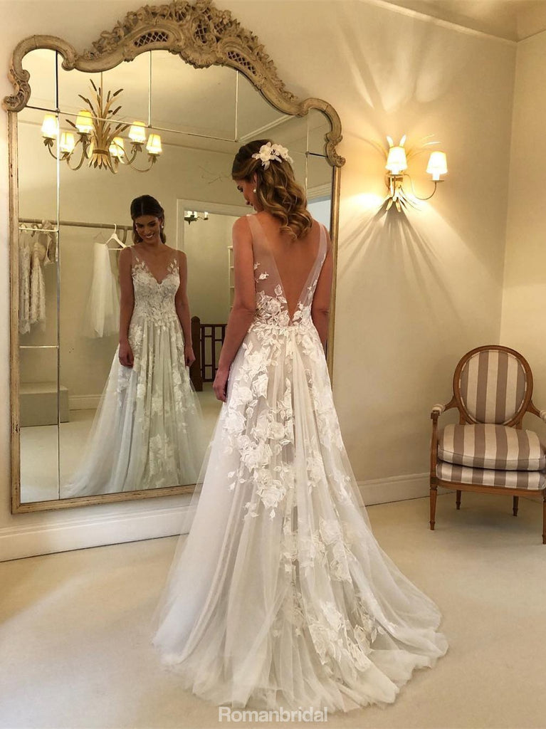 Hot Selling Lace Appliques Beach V-neck Backless Wedding Dress