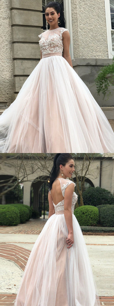 Long Beaded Tulle Ball Gowns, Lace Appliques Open Back Wedding Dresses, WD0428