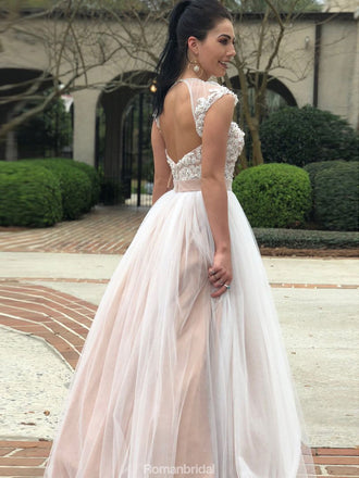 Long Beaded Tulle Ball Gowns, Lace Appliques Open Back Wedding Dresses, WD0428