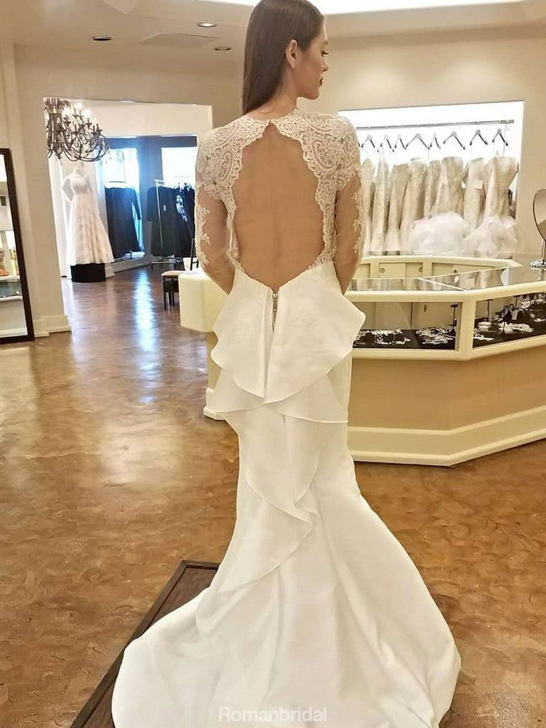 Unique Long Sleeves Lace Mermaid Open Back Fitted Wedding Dresses, WD0429