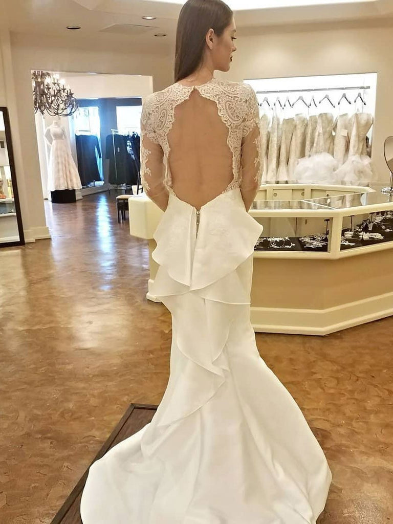 Unique Long Sleeves Lace Mermaid Open Back Fitted Wedding Dresses, WD0429