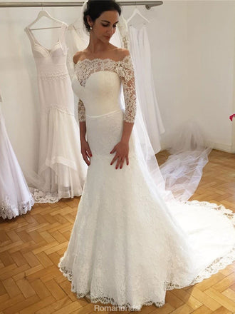 Off-shoulder Sheath 3/4 Sleeves Lace Wedding Dresses With Sweep Train, WD0431