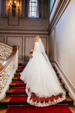 A-line Round Neck Cap Sleeves Lace Top Tulle Wedding Dresses, WD0447