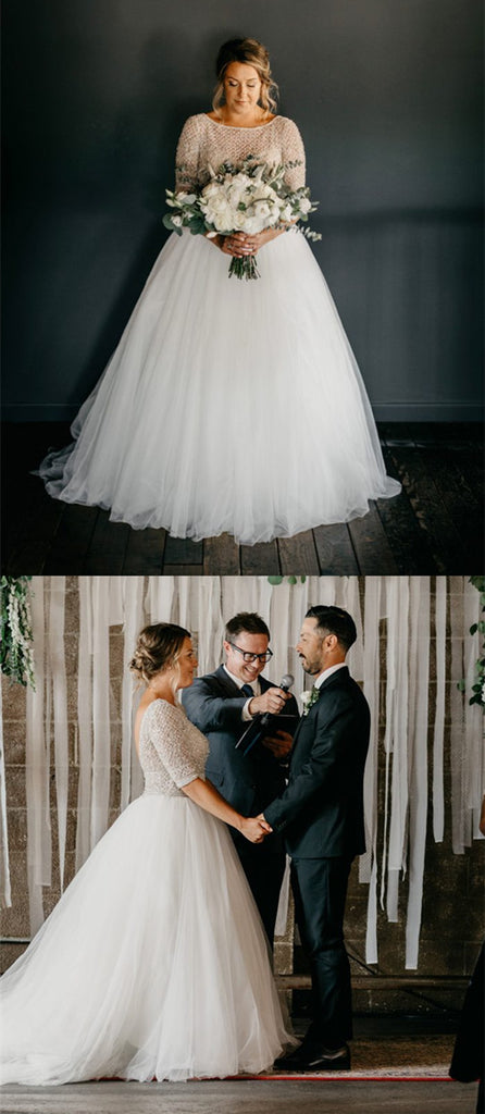 Amazing Half Sleeves Beading Top Long tulle Wedding Dresses, WD0439