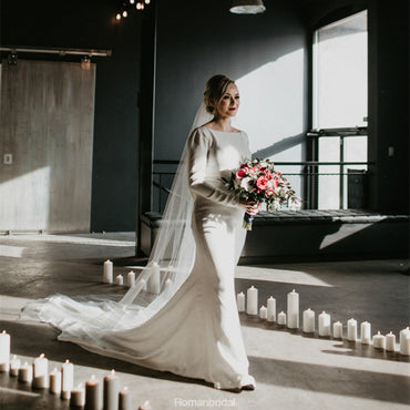 Simple Elegant Long Sleeves Backless Wedding Dresses With Train, WD0438