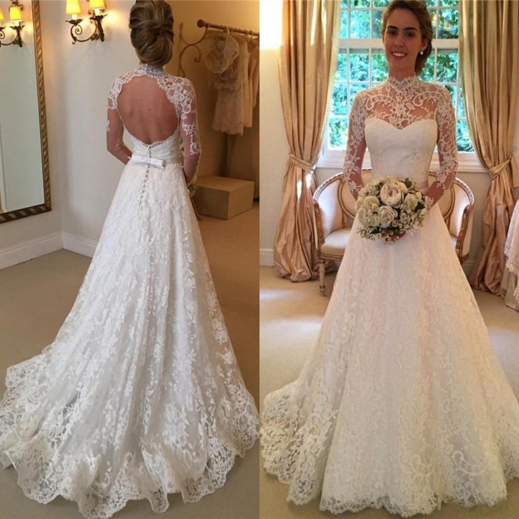 Amazing A-line Full lace Long Sleeves Lace High Neck Open-back Wedding Dresses, WD0358