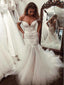 Mermaid Off-shoulder V-neck Appliques Long Tulle Wedding Dresses, WD0470