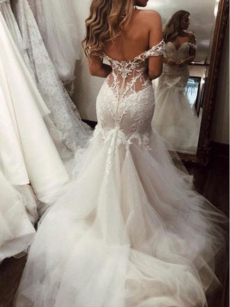 Mermaid Off-shoulder V-neck Appliques Long Tulle Wedding Dresses, WD0470