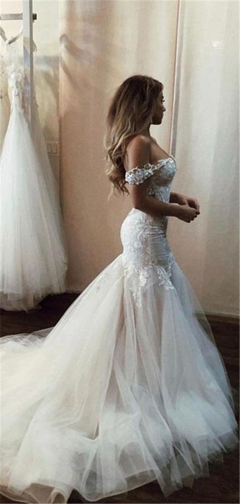 Mermaid Off-shoulder V-neck Appliques Long Tulle Wedding Dresses, WD0470