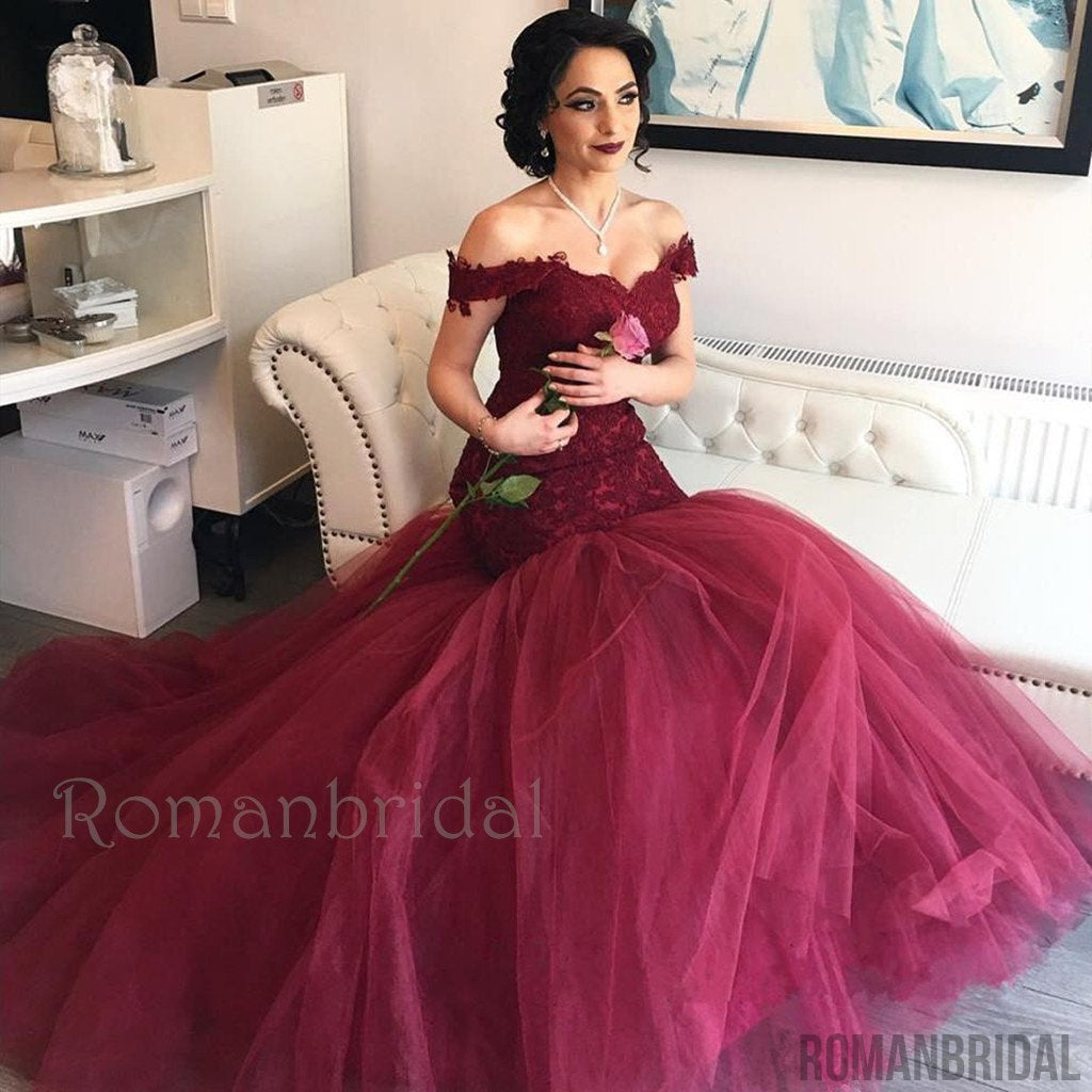 Amazing  Lace Tulle Long Backless Wine Red Mermaid Prom Dresses, Burgundy Tulle Off-the-Shoulder Mermaid Lace Prom Dresses , PD0490